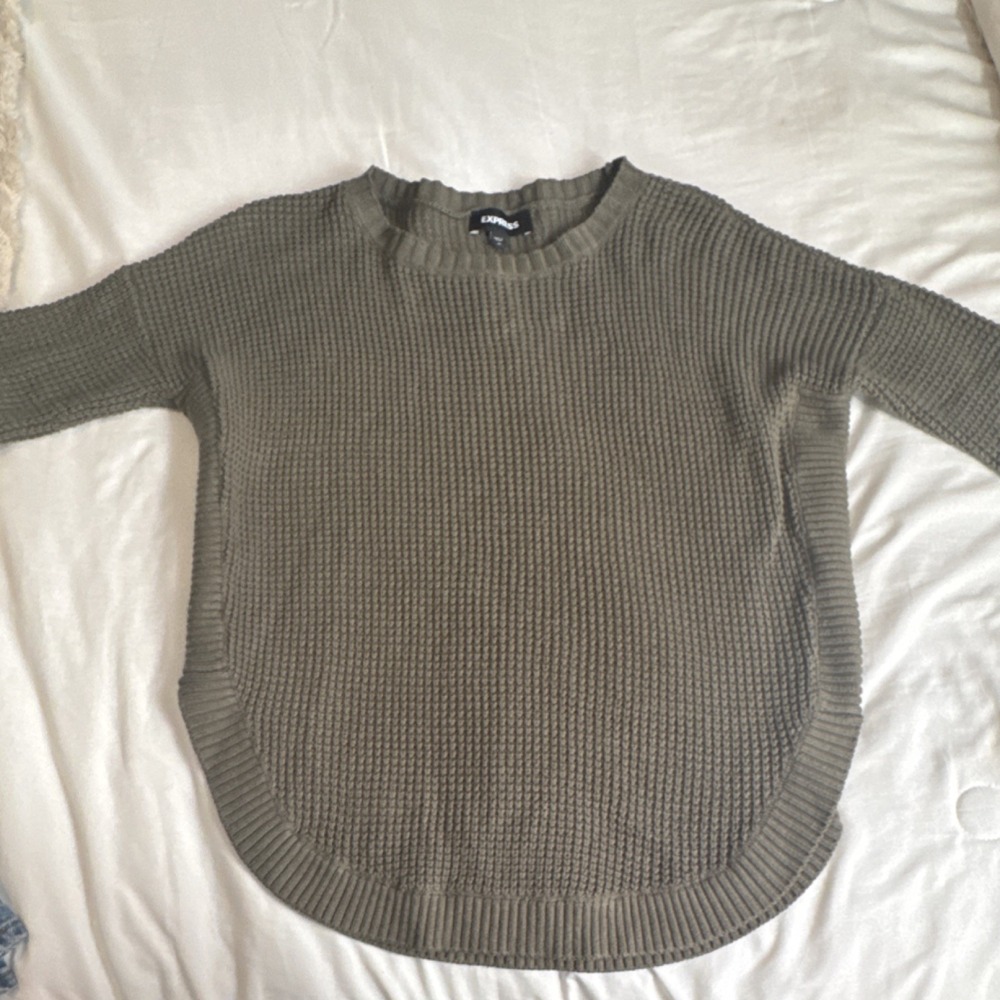 Express Olive Waffle-Knit Pullover Sweater Crew Neck 3/4 Sleeve Size S